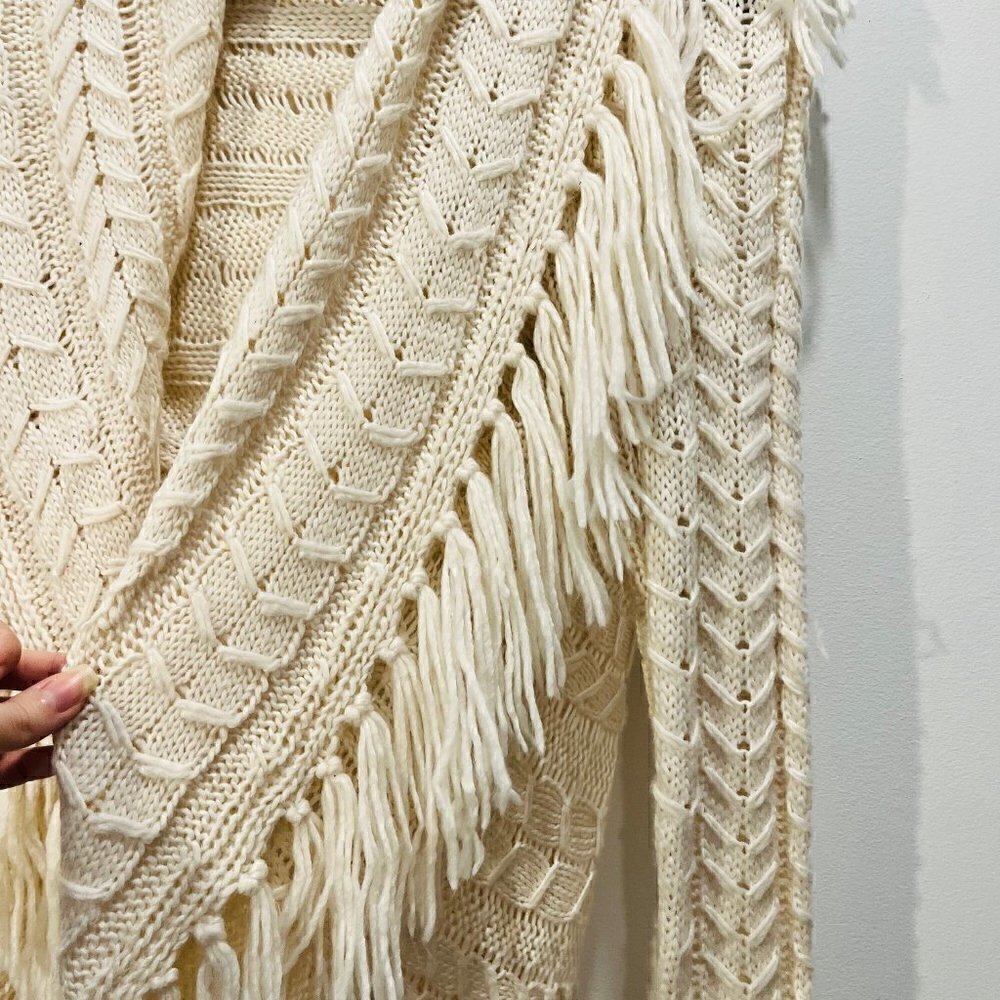 Anthropologie BB Dakota Karli Fringe Cream Long Cable Knit Wool Shawl Cardigan - Picture 7 of 16